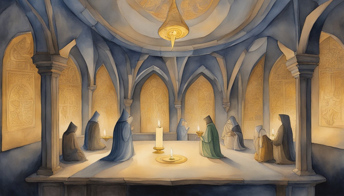 A candle-lit chamber with mysterious symbols etched into the walls, cloaked figures gathered around a table, exchanging secret knowledge