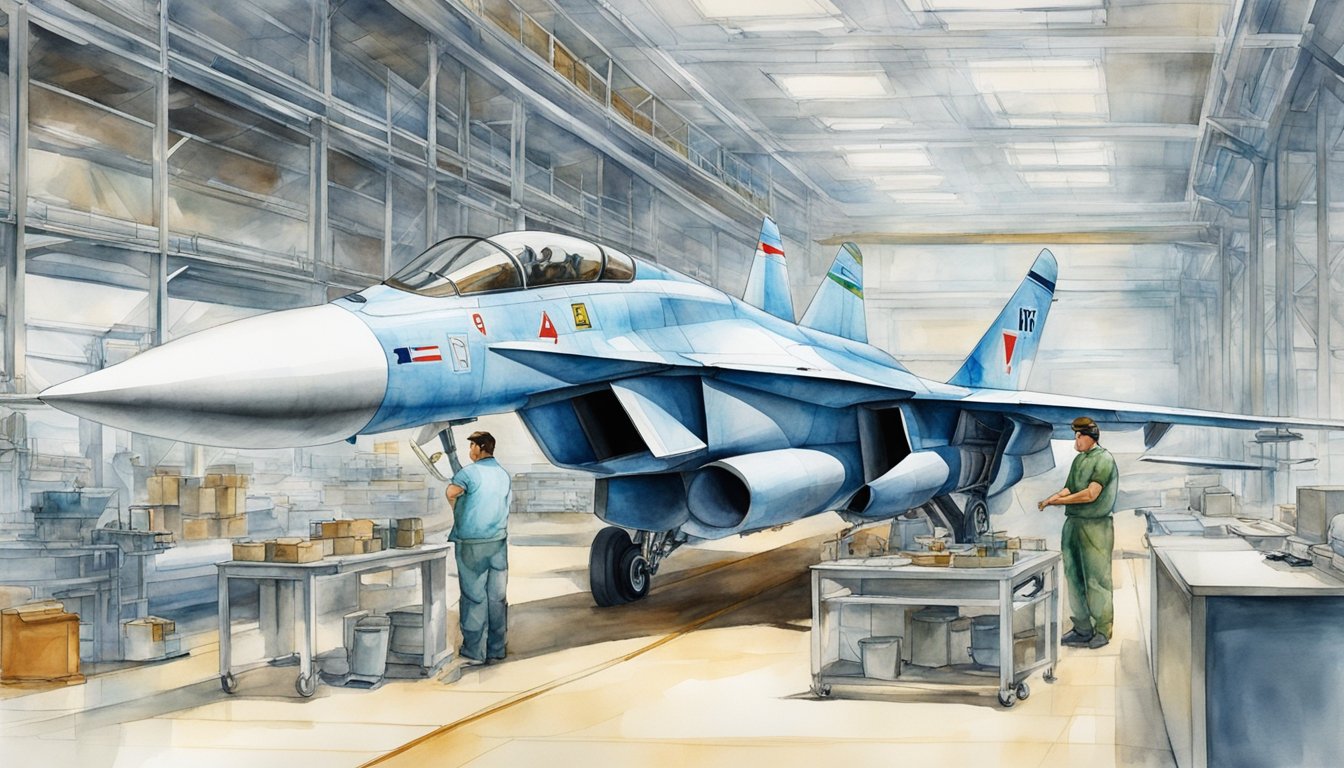 A Mig-29 fighter jet undergoes development and design in a high-tech research facility with engineers and designers working on its components and structure