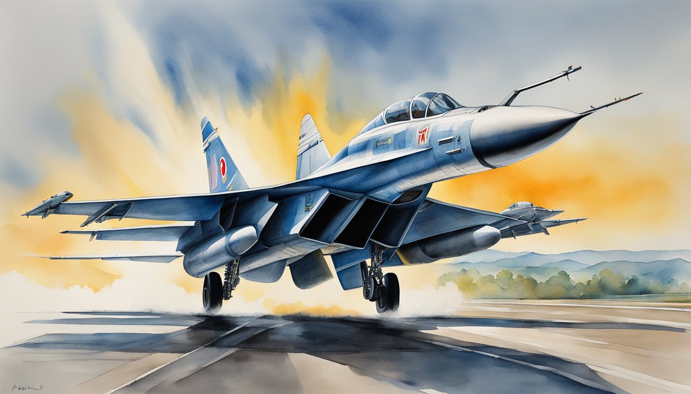 The MiG-29 fighter jet takes off from the runway, its sleek design and powerful engines propelling it into the sky.</p><p>The sun glints off its metal exterior as it climbs higher, ready for another mission