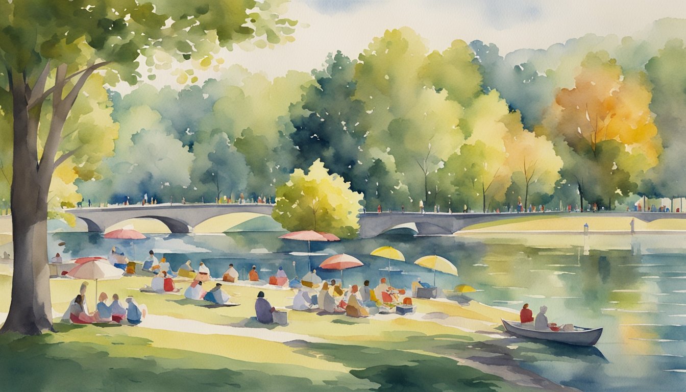 A sunny park with people lounging, boating, and picnicking by a river.</p><p>Trees and colorful umbrellas dot the landscape