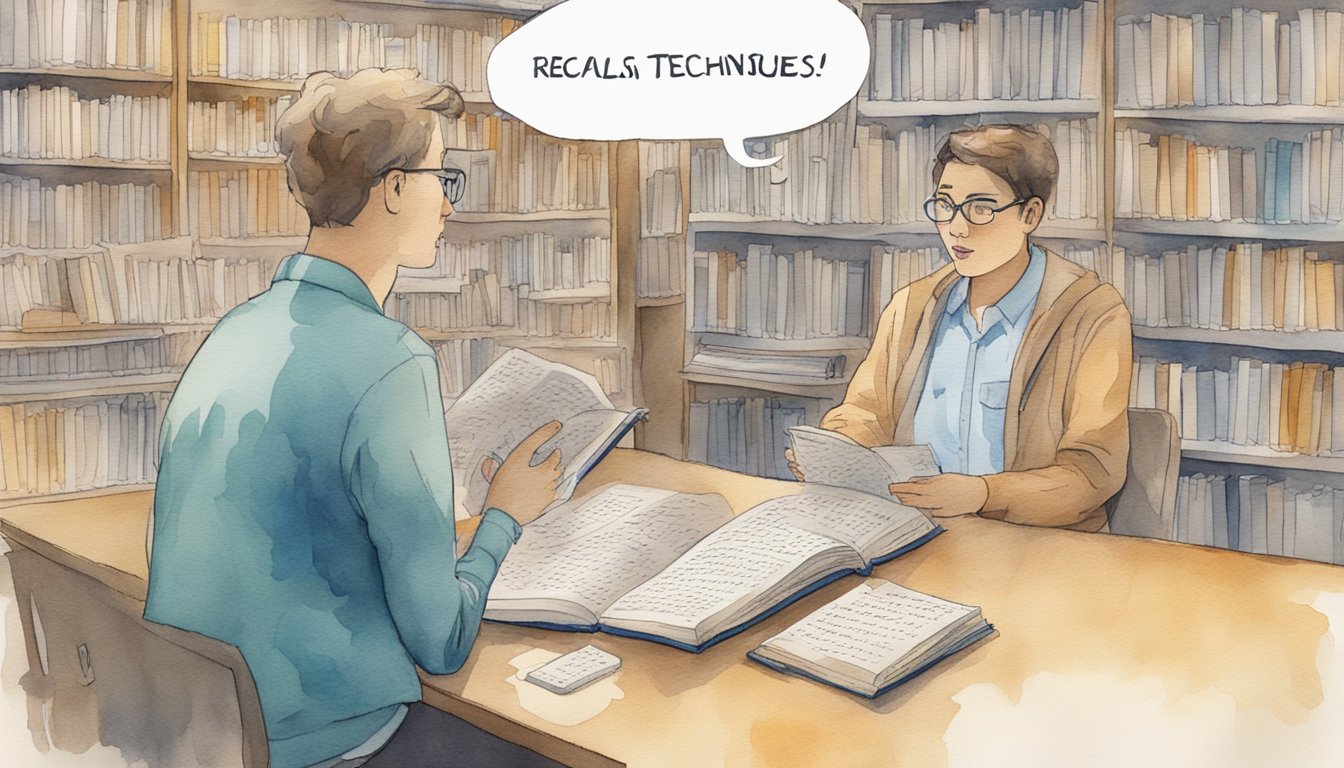 A person speaking, with a thought bubble showing a jumbled mess of letters, while another person offers a book titled "Word Recall Techniques."