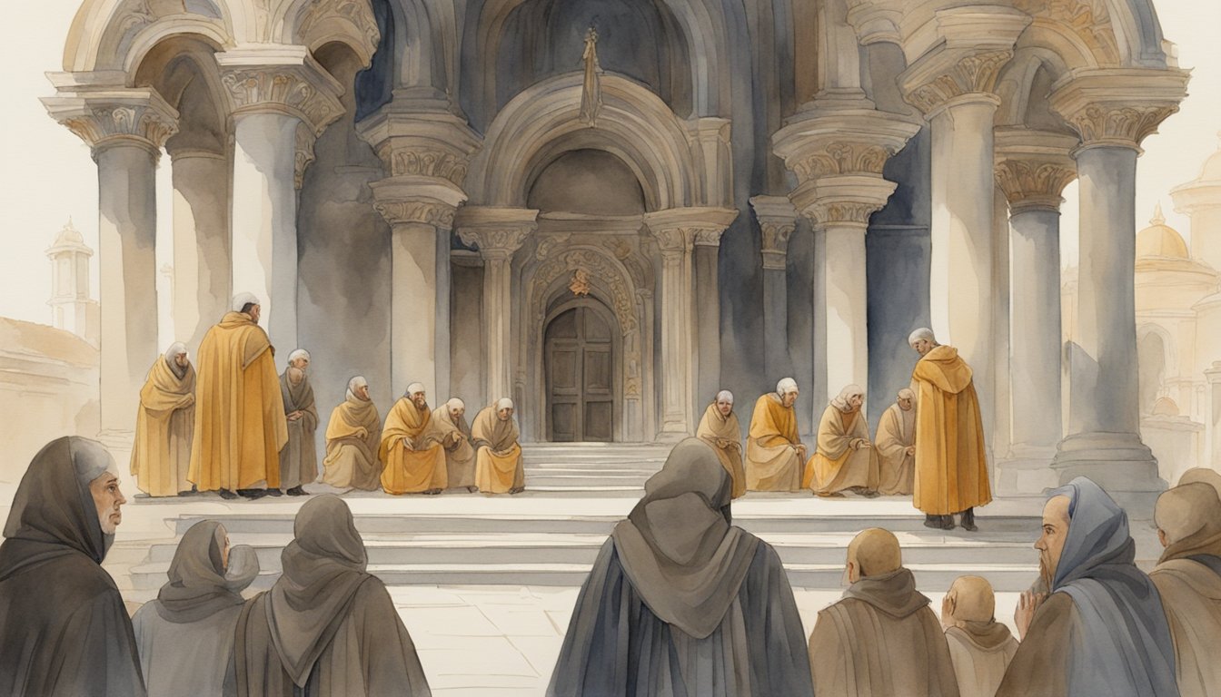 A group of capuchin monks gather in front of an ornate crypt, their robes billowing in the wind as they pay homage to their order's influence