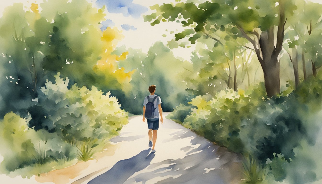 A person walks backward on a path, surrounded by greenery and trees.</p><p>The sun shines overhead, casting dappled shadows on the ground