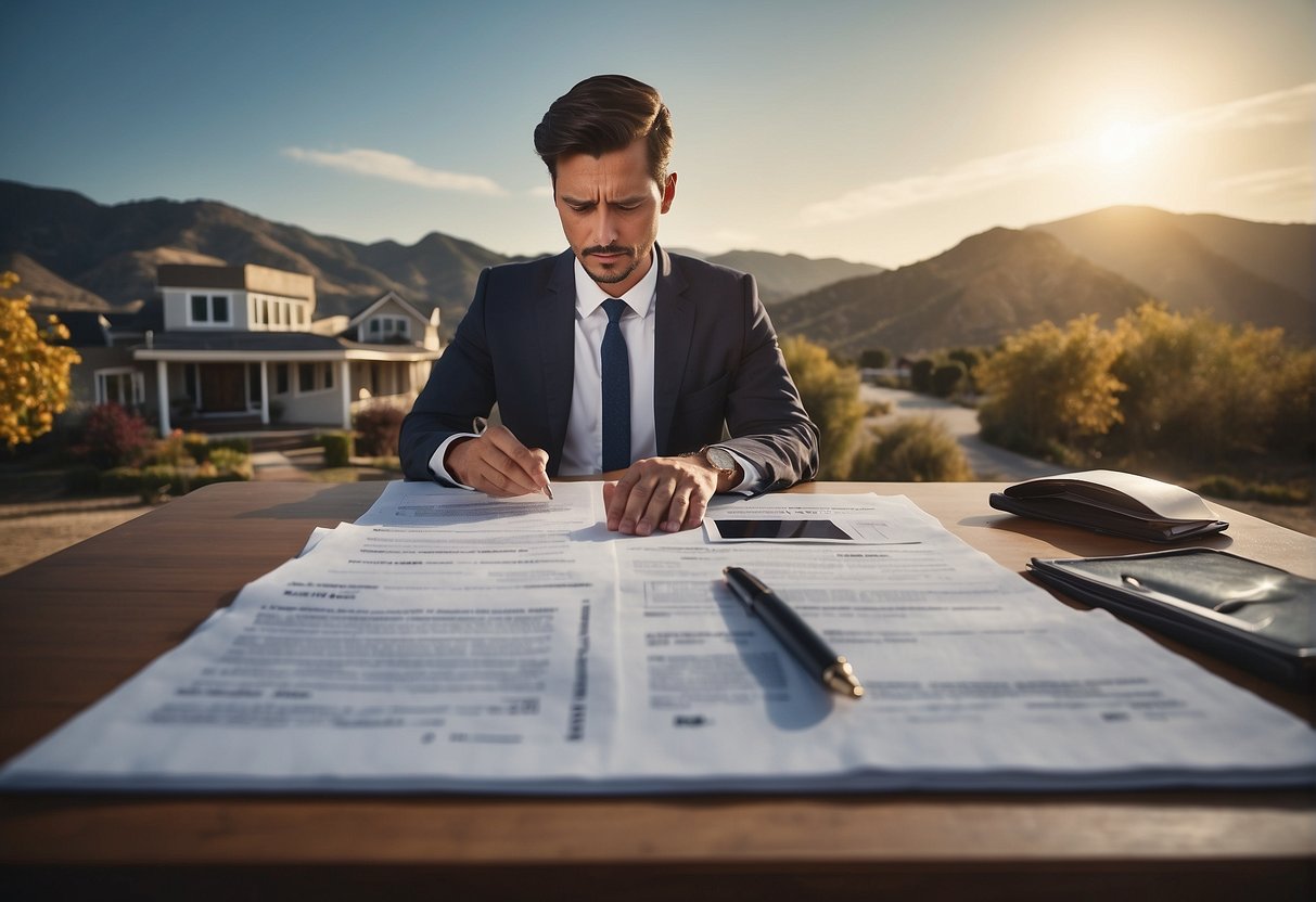 Comprei Um Terreno e Me Arrependi, Posso Devolver? Entenda Seus Direitos! 1 A person holds a contract and a piece of land, looking conflicted. They are surrounded by legal documents and a real estate agent
