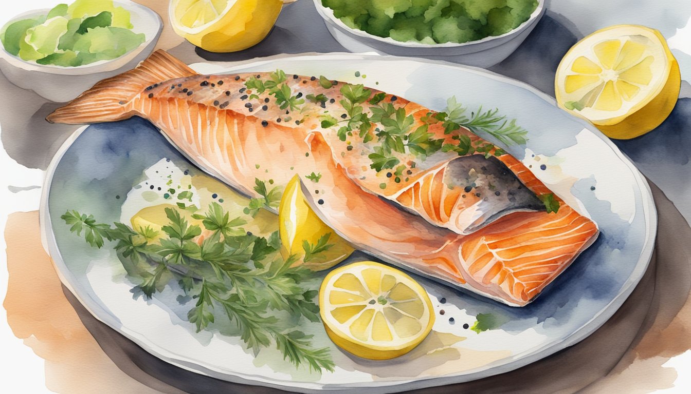 A whole salmon being seasoned with herbs and spices before being grilled to perfection, then served with a side of fresh vegetables and a squeeze of lemon