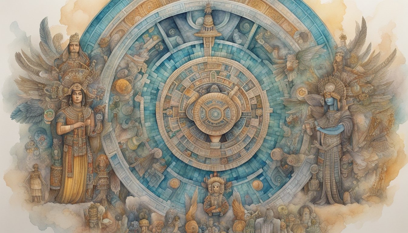 The Mayan Pantheon and Supernatural Beings are gathered in a celestial realm, surrounded by intricate symbols and adorned with elaborate headdresses and garments