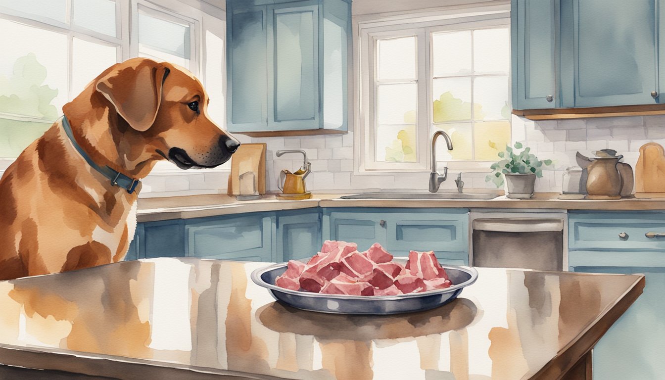 A dog eagerly devours chunks of raw meat from a stainless steel bowl, with a backdrop of fresh, raw meat on a clean, well-lit kitchen counter