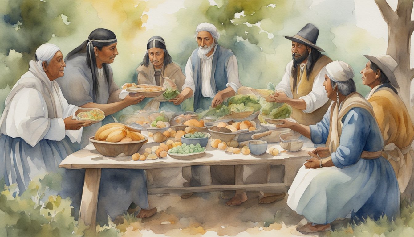 Pilgrims and Native Americans gather around a table, sharing food and giving thanks