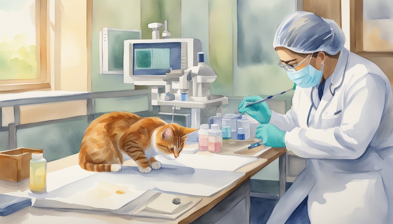 A cat allergy shot being administered by a healthcare professional in a clinic setting, with medical equipment and supplies visible in the background