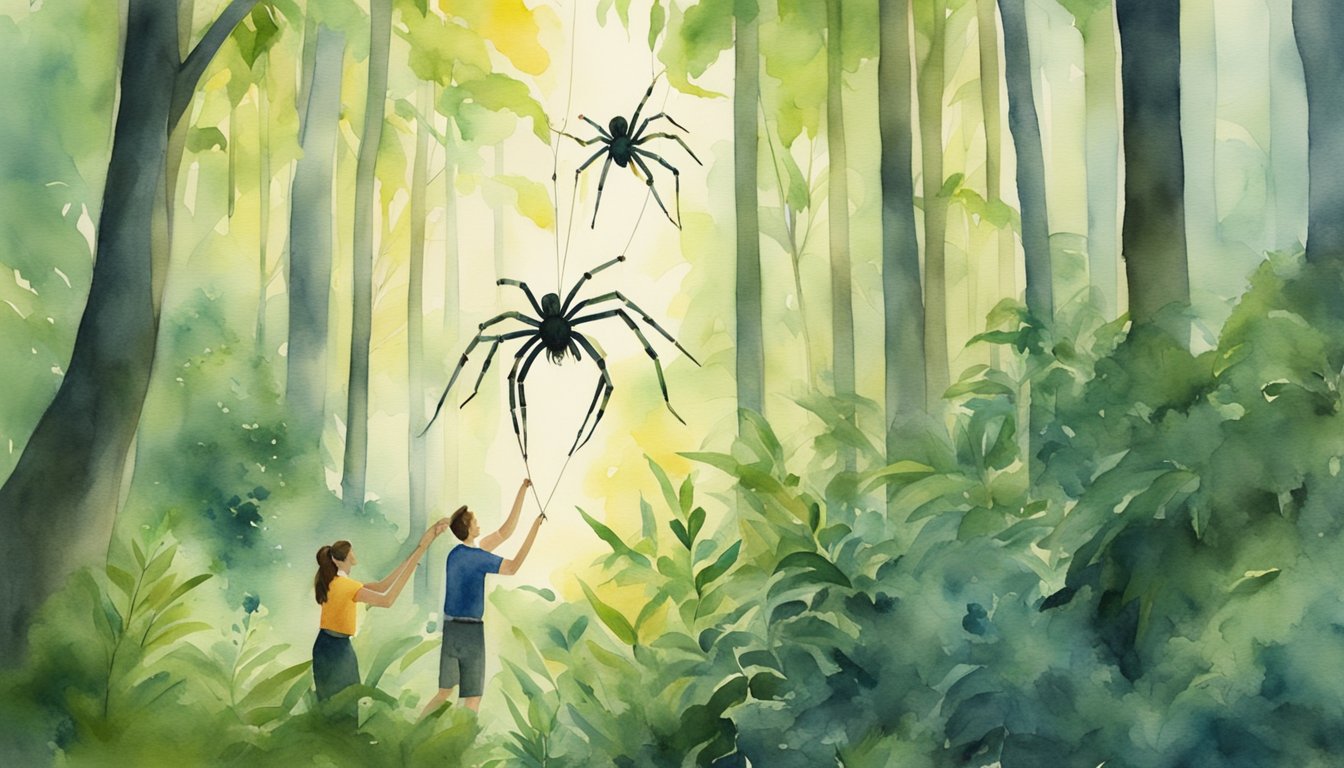 Two people releasing big spiders into a lush forest, promoting conservation efforts