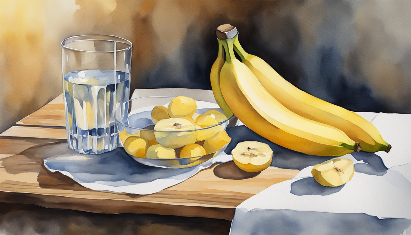 A ripe banana sits on a wooden table next to a glass of water and a bowl of fresh fruit.</p><p>The banana peel is partially peeled, revealing the yellow fruit inside