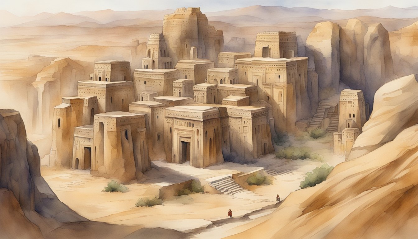 The ancient city of Hegra rises from the desert, with towering sandstone tombs and intricate carved facades