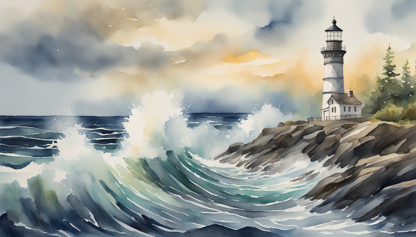 The lighthouse stands tall, its light beaming out across the dark sea.</p><p>Waves crash against the rocks as the lighthouse transfers its guiding signal to passing ships