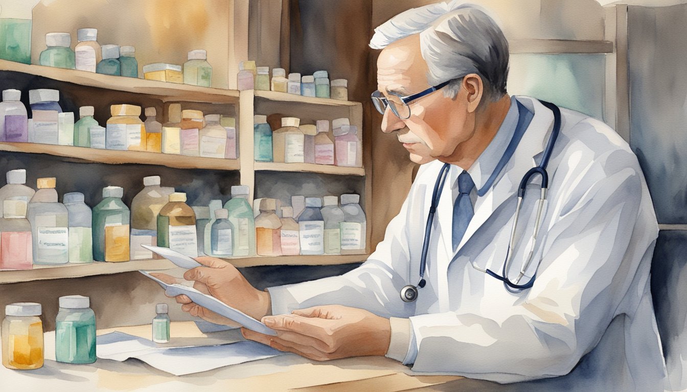 A doctor carefully tapering off antipsychotic medication with a patient's medical history in hand