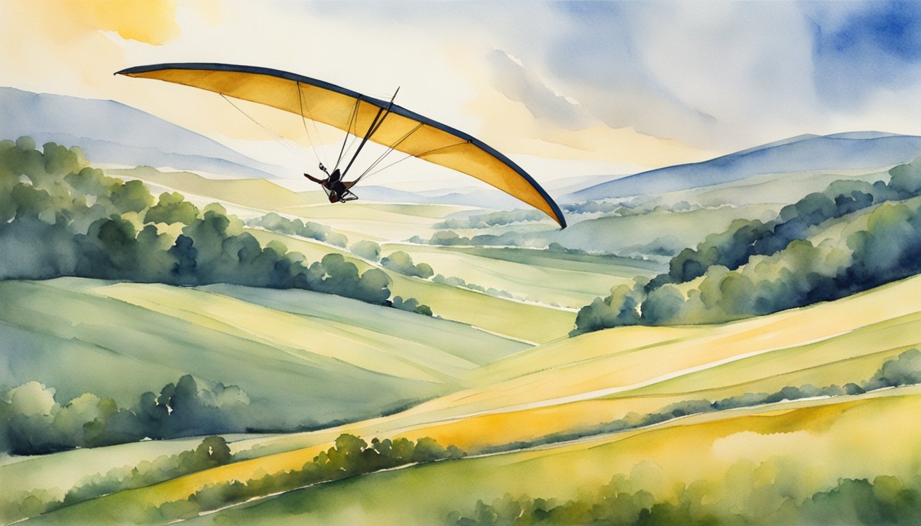 A hang glider soars through the sky, gliding gracefully over the landscape below.</p><p>The sun shines brightly, casting long shadows on the ground