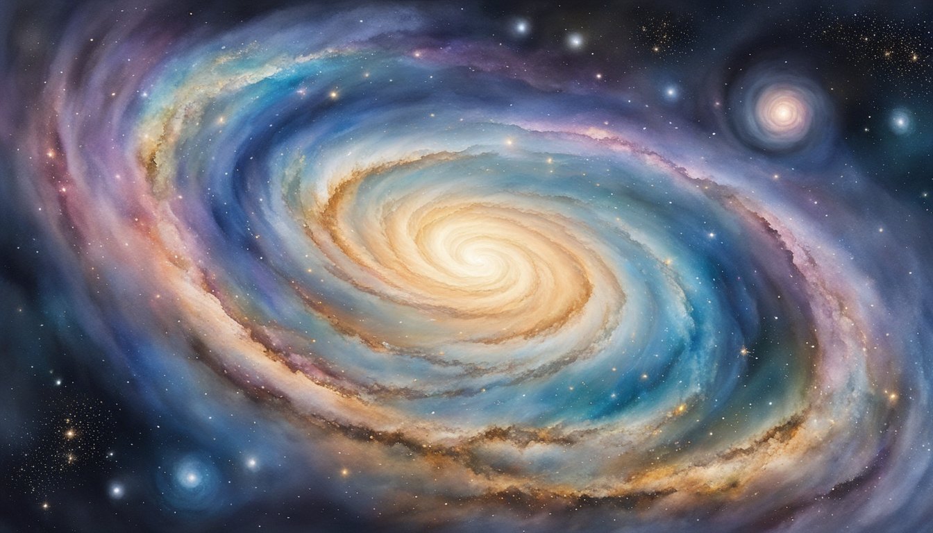 The largest galaxy in the universe, swirling with billions of stars and cosmic dust, dominates the celestial landscape with its massive spiral arms and bright core