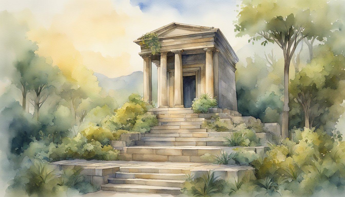 The Ark of the Covenant sits atop a stone pedestal, surrounded by ancient ruins and overgrown foliage, shrouded in mystery and historical significance