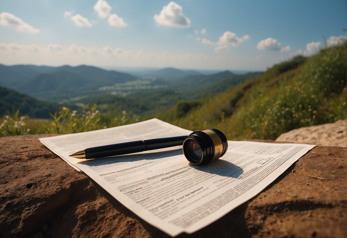 Loteamento em área de Preservação Permanente e o distrato: Entendendo asImplicações Legais 2 A landscape with a natural reserve area and a legal document representing legislation on land development and contract termination