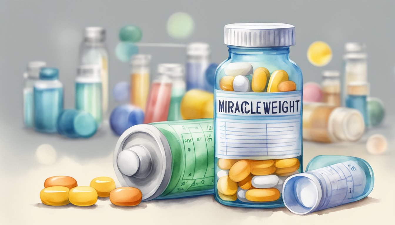 A pill bottle labeled "Miracle Weight Loss Drug" with a safety cap, surrounded by scientific data and accessibility symbols