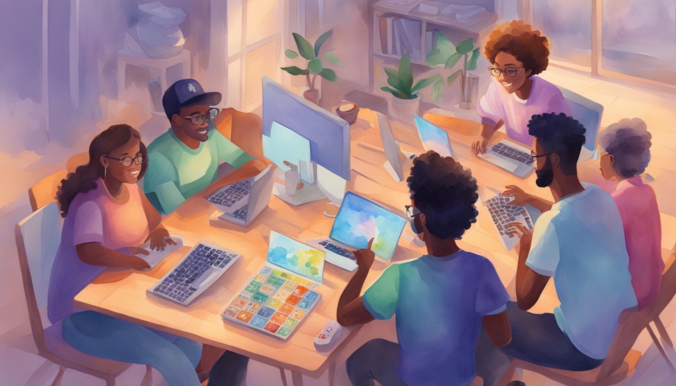 A group of friends gather around their computers, playing board games online and engaging with the community