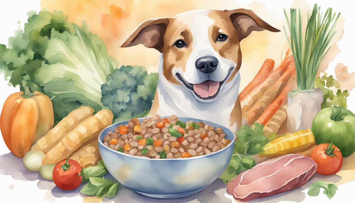 A happy dog eagerly eats holistic dog food from a bowl, surrounded by fresh, natural ingredients like meat, vegetables, and grains