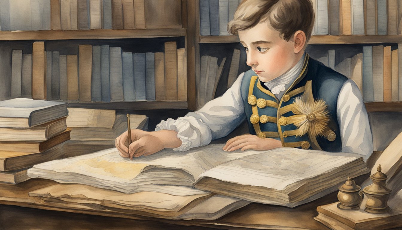 Benedict Arnold's early life and military beginnings are depicted through a young boy studying maps and military tactics, surrounded by books and historical documents