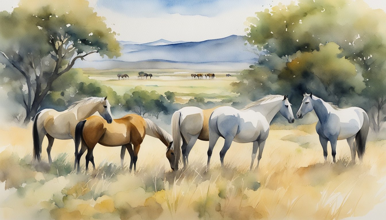 Takhi horses graze peacefully in a vast grassland, surrounded by a team of conservationists monitoring their well-being