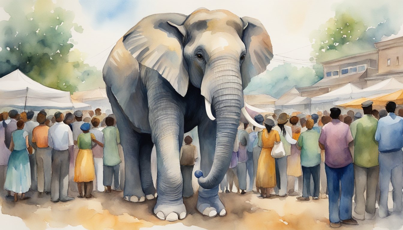 Topsy the elephant stands tall, surrounded by a crowd.</p><p>A sense of finality and reverence fills the air, as onlookers pay homage to her legacy