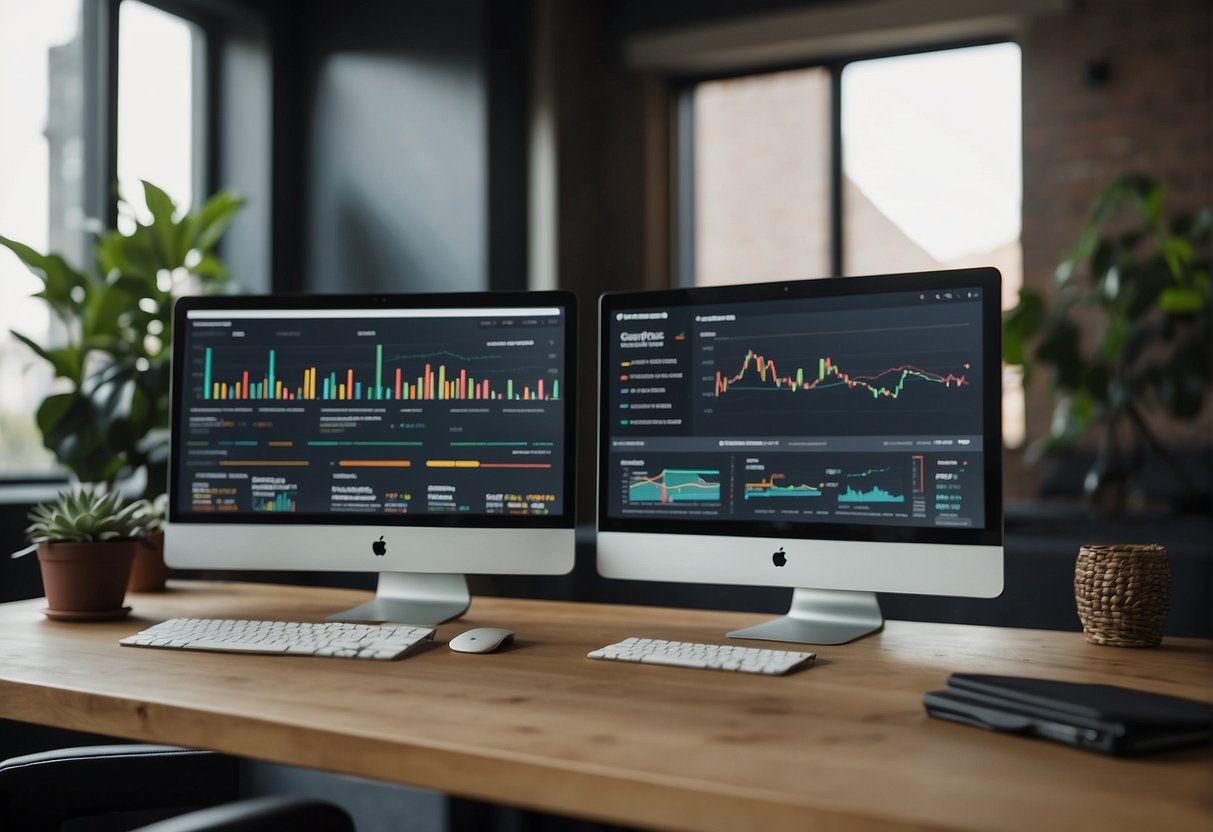 Two computer screens side by side, one displaying ActiveCampaign's interface with colorful graphs and charts, the other showing Mailchimp's dashboard with email campaign statistics