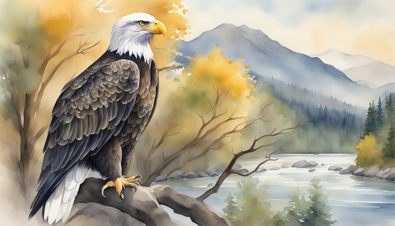 A bald eagle perched on a tall tree branch, with a flowing river and mountainous landscape in the background