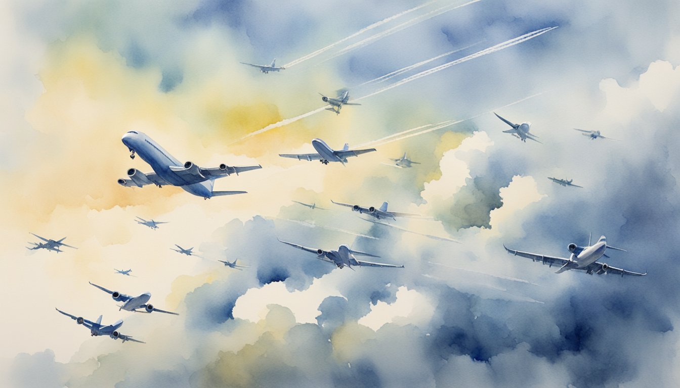 Several airplanes fill the sky, flying in different directions, with streaks of white condensation trailing behind them