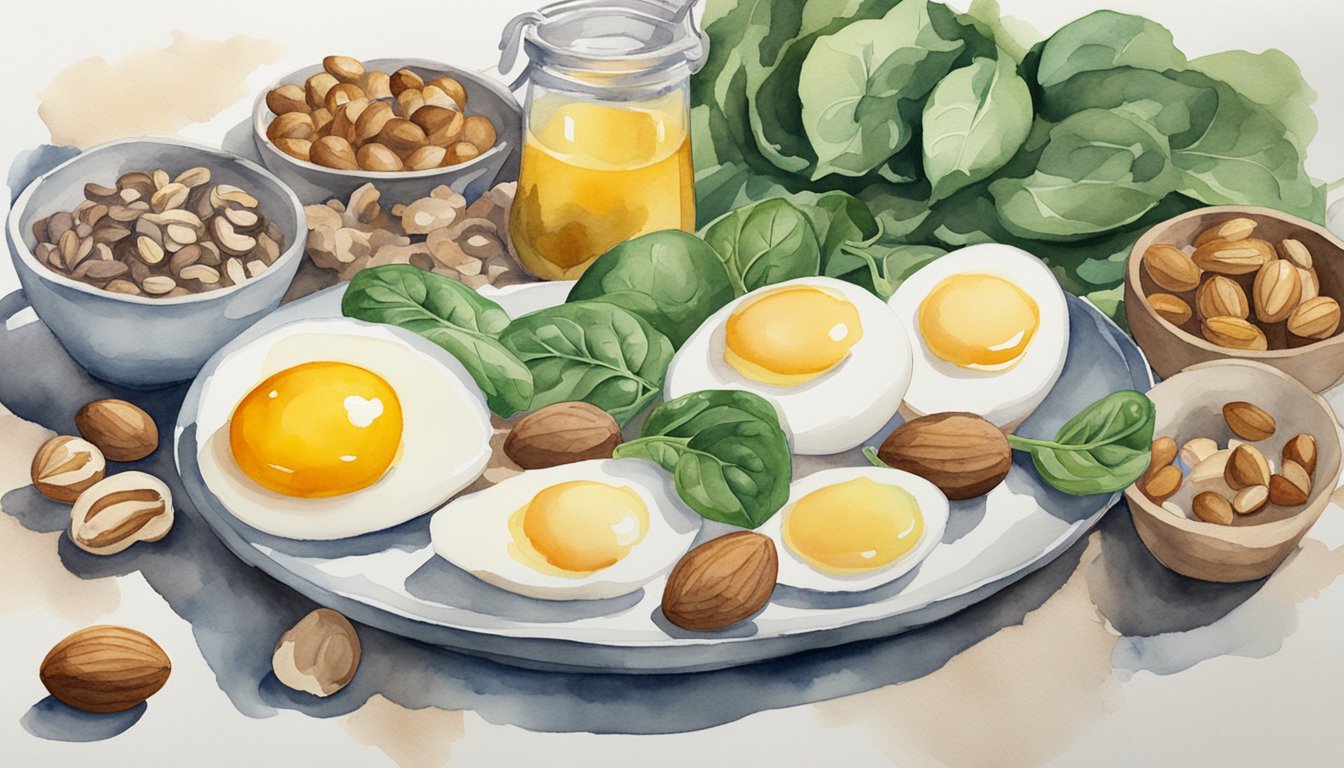 A table with various foods like eggs, spinach, and nuts.</p><p>A measuring tool shows an increase of 52% to signify testosterone levels