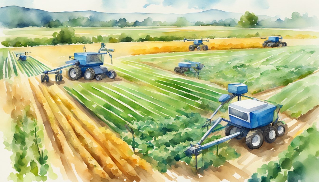 An agricultural field with robotic machinery, drones, and sensors working together to optimize crop production using AI-driven technologies