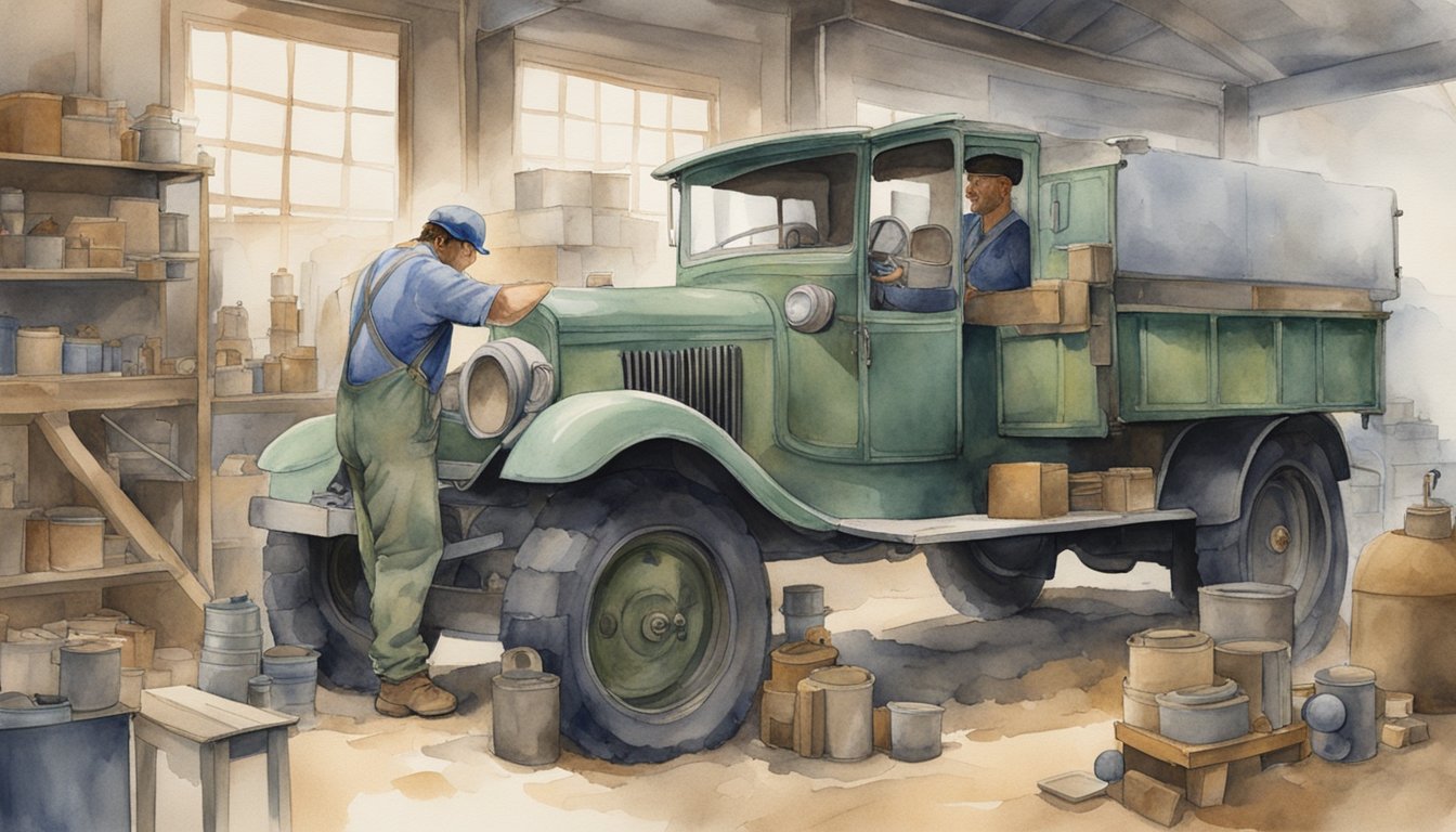 A man in overalls and a cap tinkers with a large, sturdy vehicle in a dusty workshop.</p><p>Blueprints and tools are scattered around him as he works on the invention of trucks