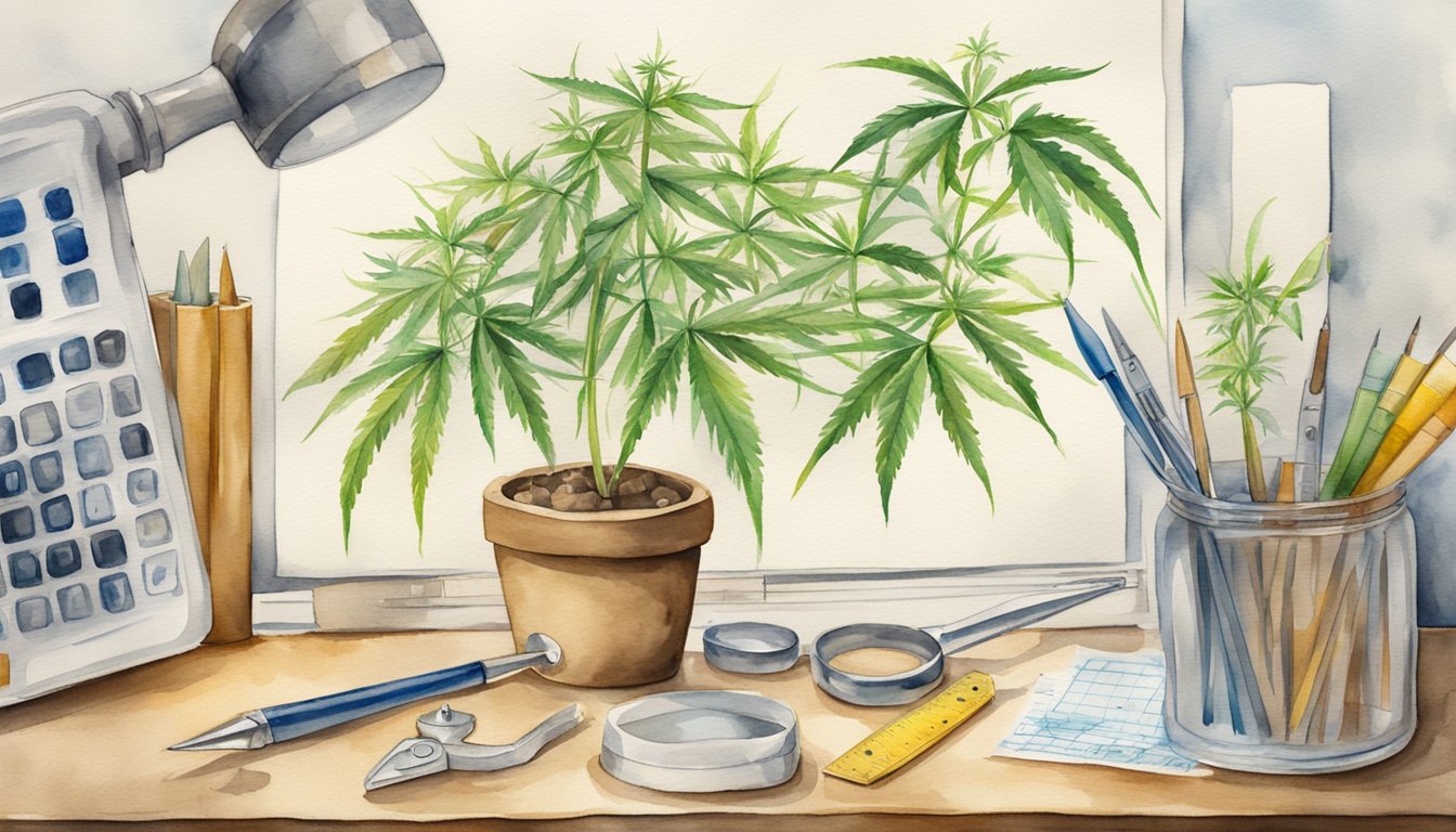 A marijuana plant surrounded by measuring tools and graphs, symbolizing long-term impact on growth