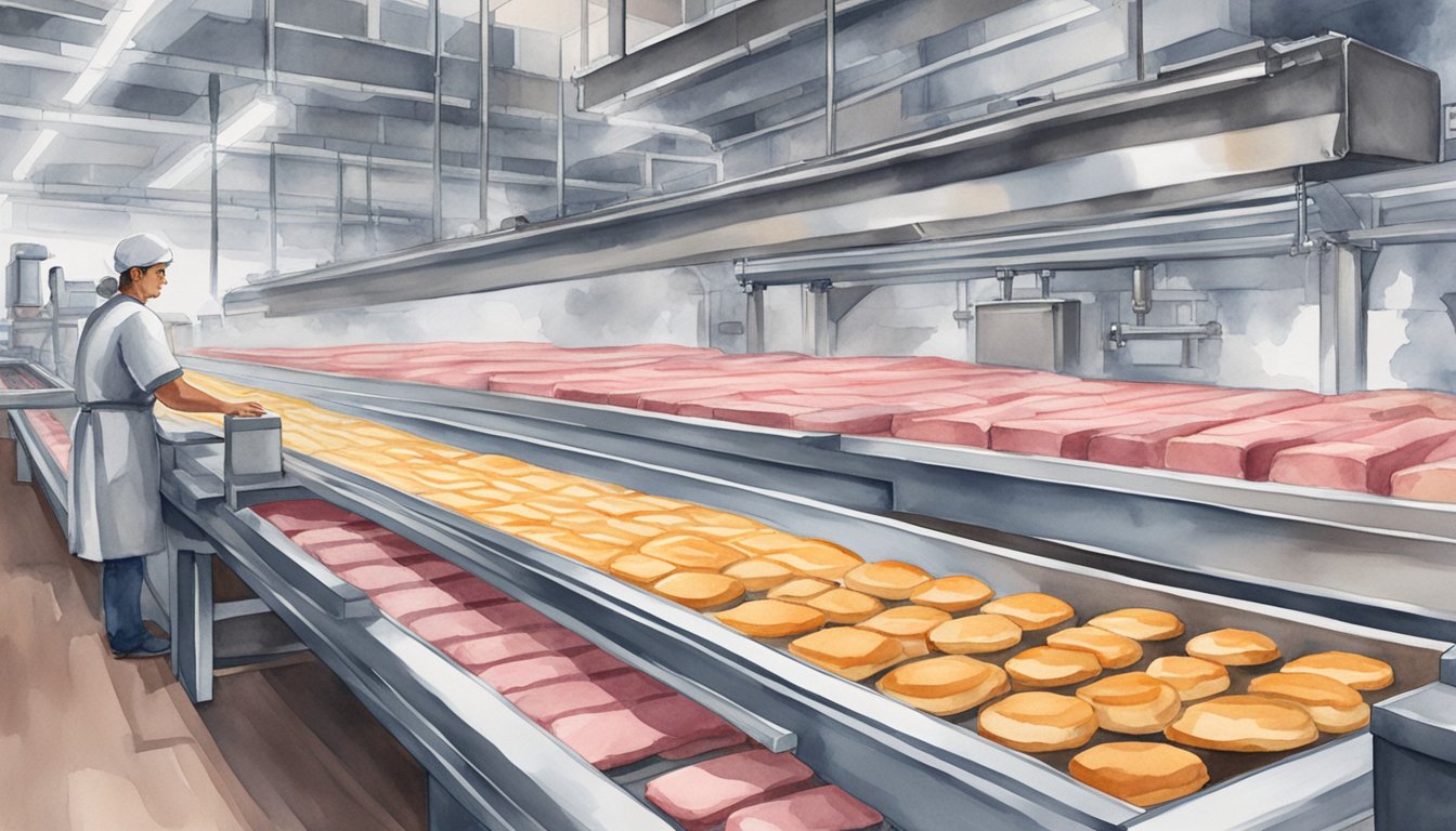 A conveyor belt moves synthetic meat patties through a factory.</p><p>Machines package and label the products for distribution