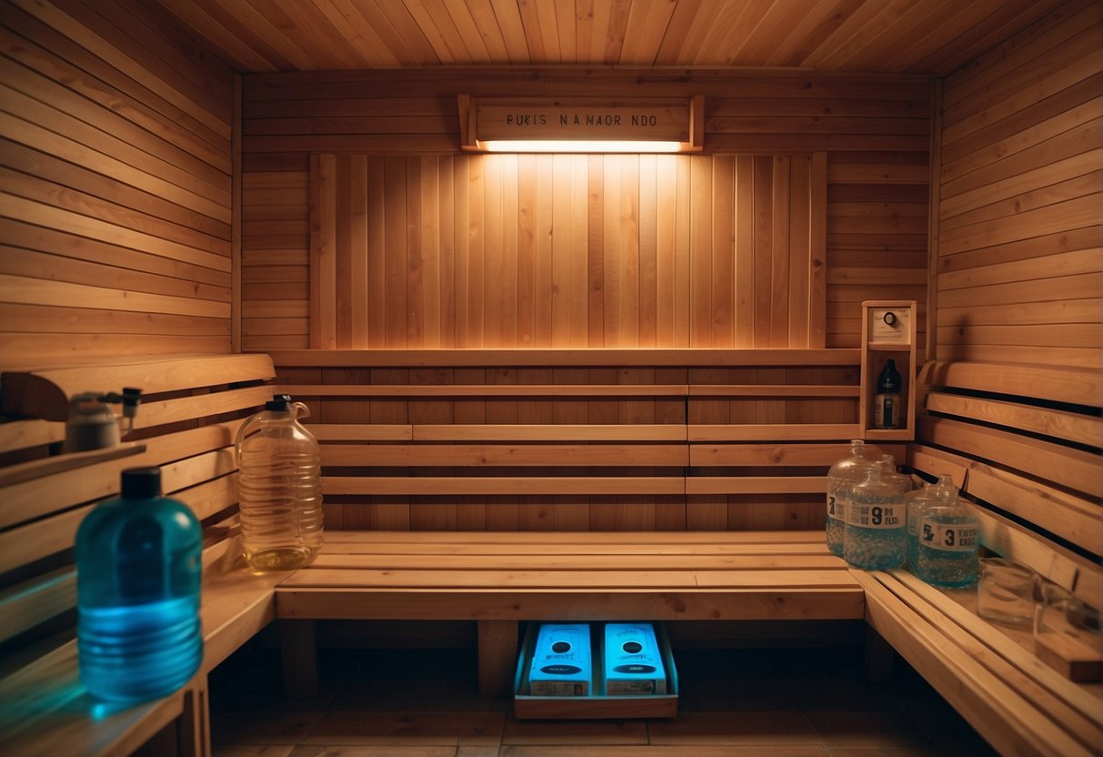 An infrared sauna with safety signs and water bottles nearby