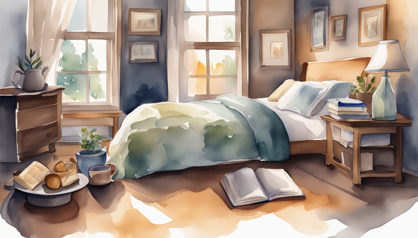 A cozy bedroom with a warm blanket, hot water bottle, herbal tea, and dark chocolate on a bedside table.</p><p>A book and soothing music complete the scene