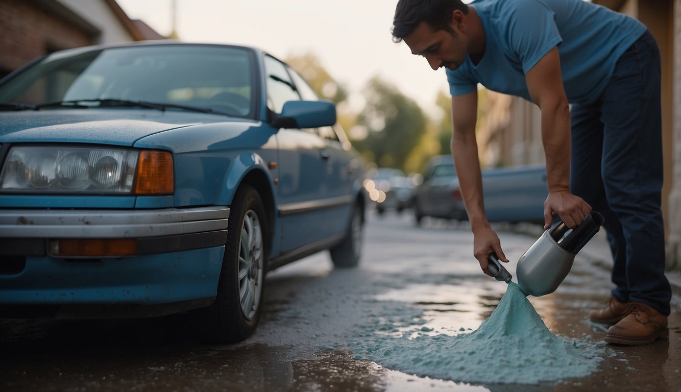 A person pouring baking soda on car floor, scrubbing with vinegar, and leaving windows open to remove petrol smell