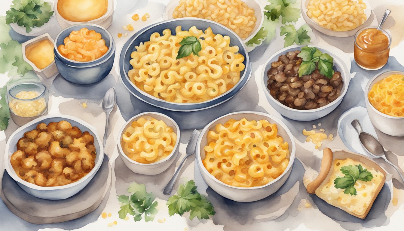 A table with a variety of mac and cheese dishes from different cultures, surrounded by modern twists like truffle mac, BBQ mac, and vegan mac