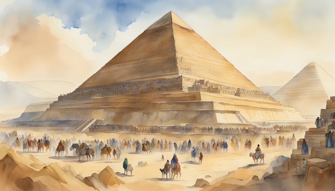 A grand pyramid rises from the desert, adorned with intricate hieroglyphics.</p><p>Surrounding it, people engage in bustling trade and worship