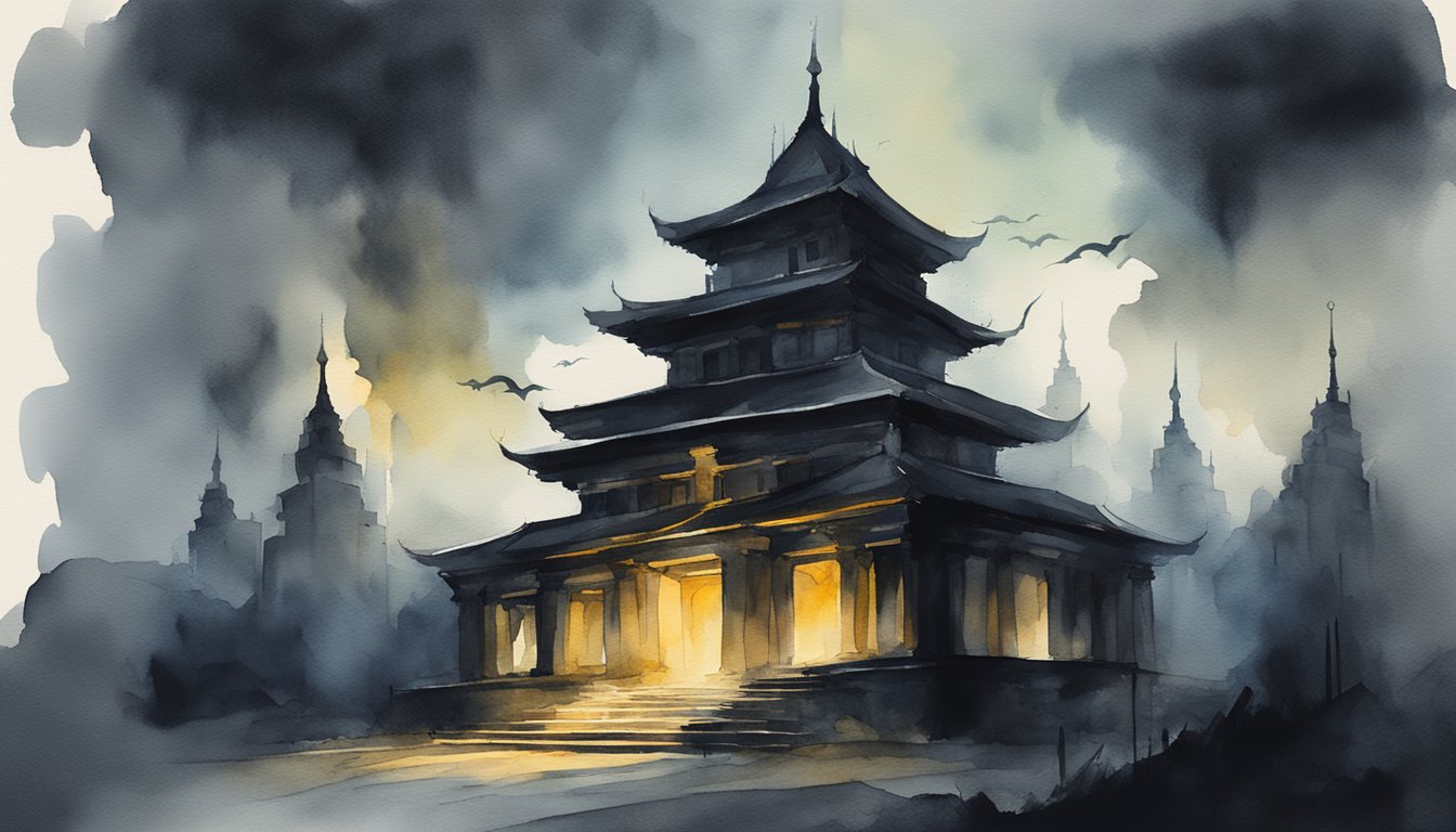 A dark, imposing temple with eerie symbols and flickering torches.</p><p>Sinister atmosphere with ominous shadows