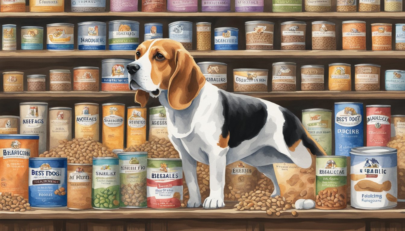 A Beagle stands in front of various dog food brands, sniffing and inspecting each one carefully.</p><p>The labels display "Best Dog Food for Beagles" in bold letters