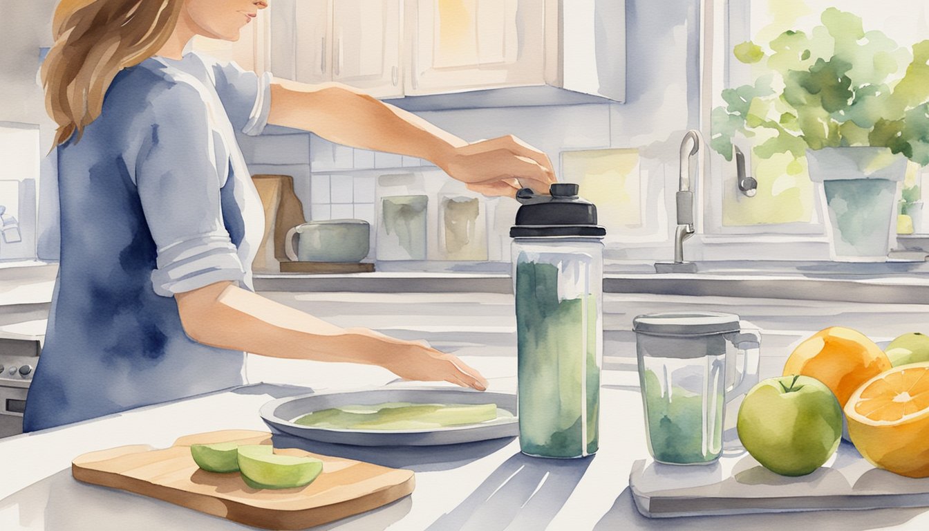 A woman's hand reaches for a protein shake bottle on a kitchen counter, with a clock in the background showing the optimal timing for consumption