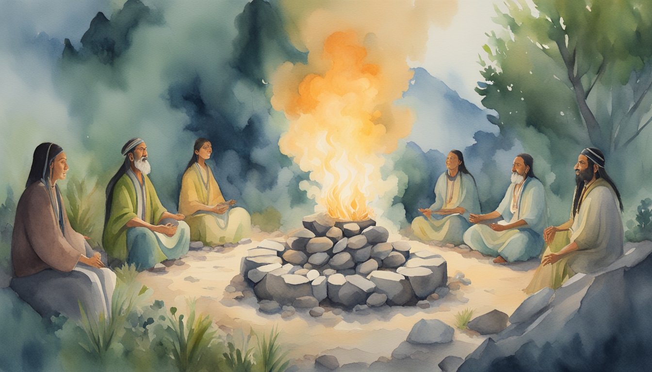 A shaman sits in a circle of stones, surrounded by nature.</p><p>Smoke rises from a burning herb bundle as the shaman chants and dances