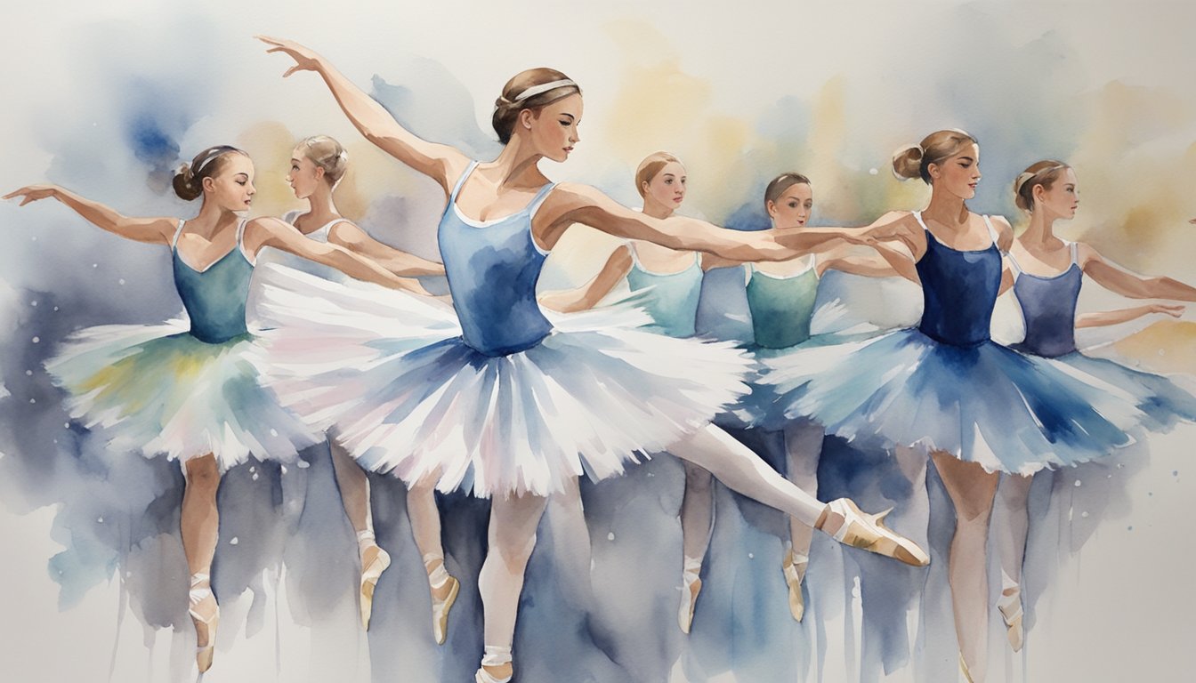 A ballerina gracefully leaps through the air, her delicate tutu billowing around her.</p><p>She is surrounded by other dancers, all captured in various poses of elegance and strength.</p><p>The room is filled with the sound of music and the energy of the