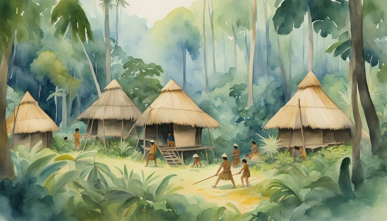 Pygmy huts surrounded by lush rainforest, with women gathering fruits and men hunting with spears