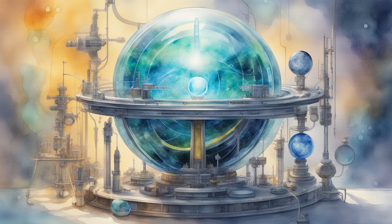 A glowing plasma sphere contained within a magnetic field, surrounded by scientific instruments and futuristic technology