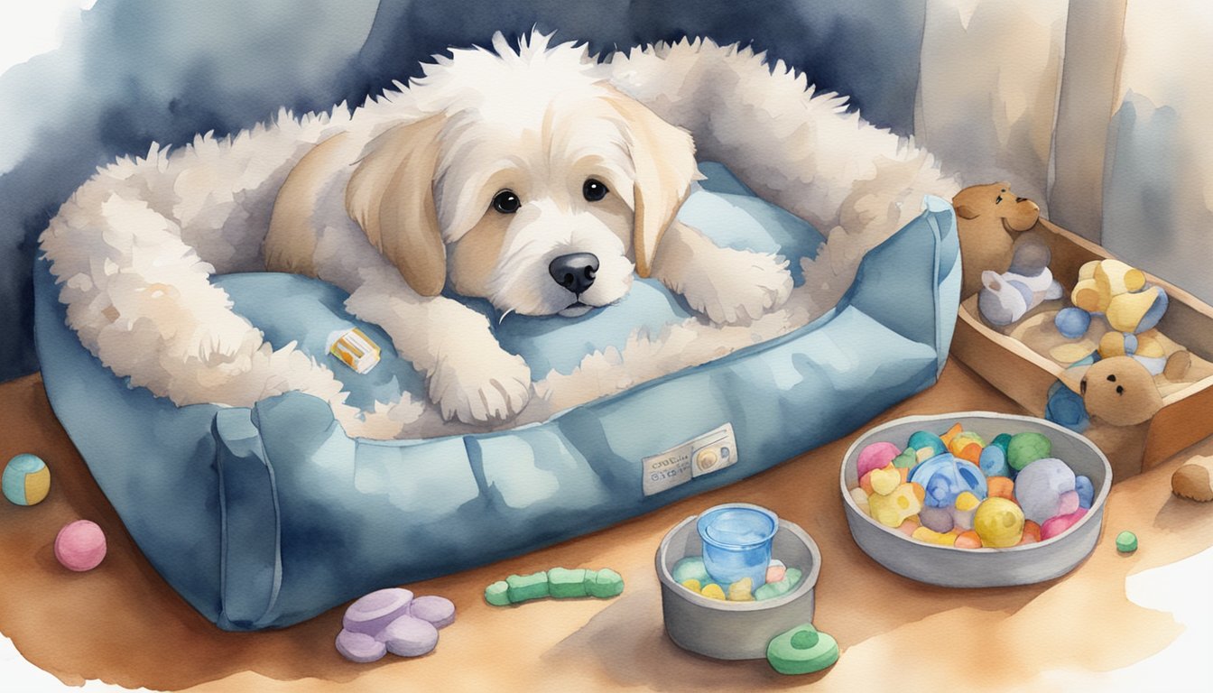 A cozy dog bed made of plush, durable materials, surrounded by toys and a bowl of water, showing signs of regular care and maintenance