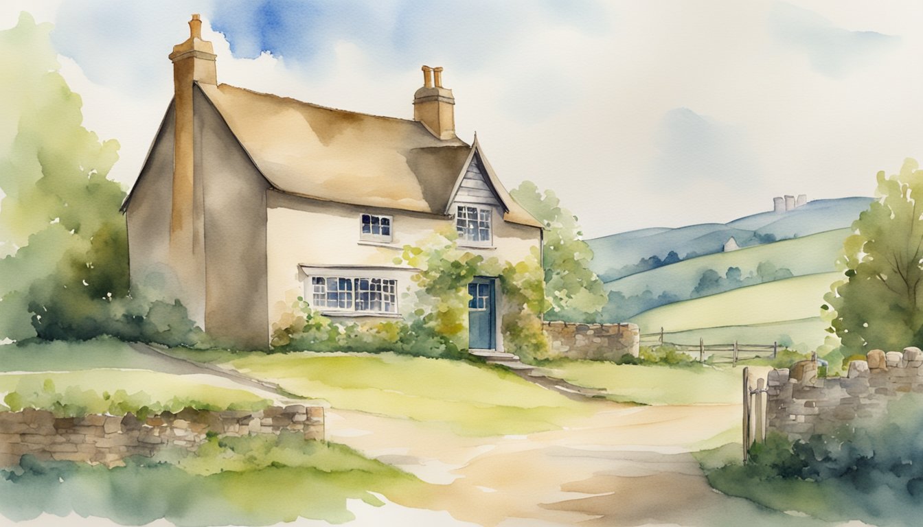 Charles Darwin's childhood home, a quaint English village with rolling hills and a small schoolhouse, where he first developed his curiosity for nature